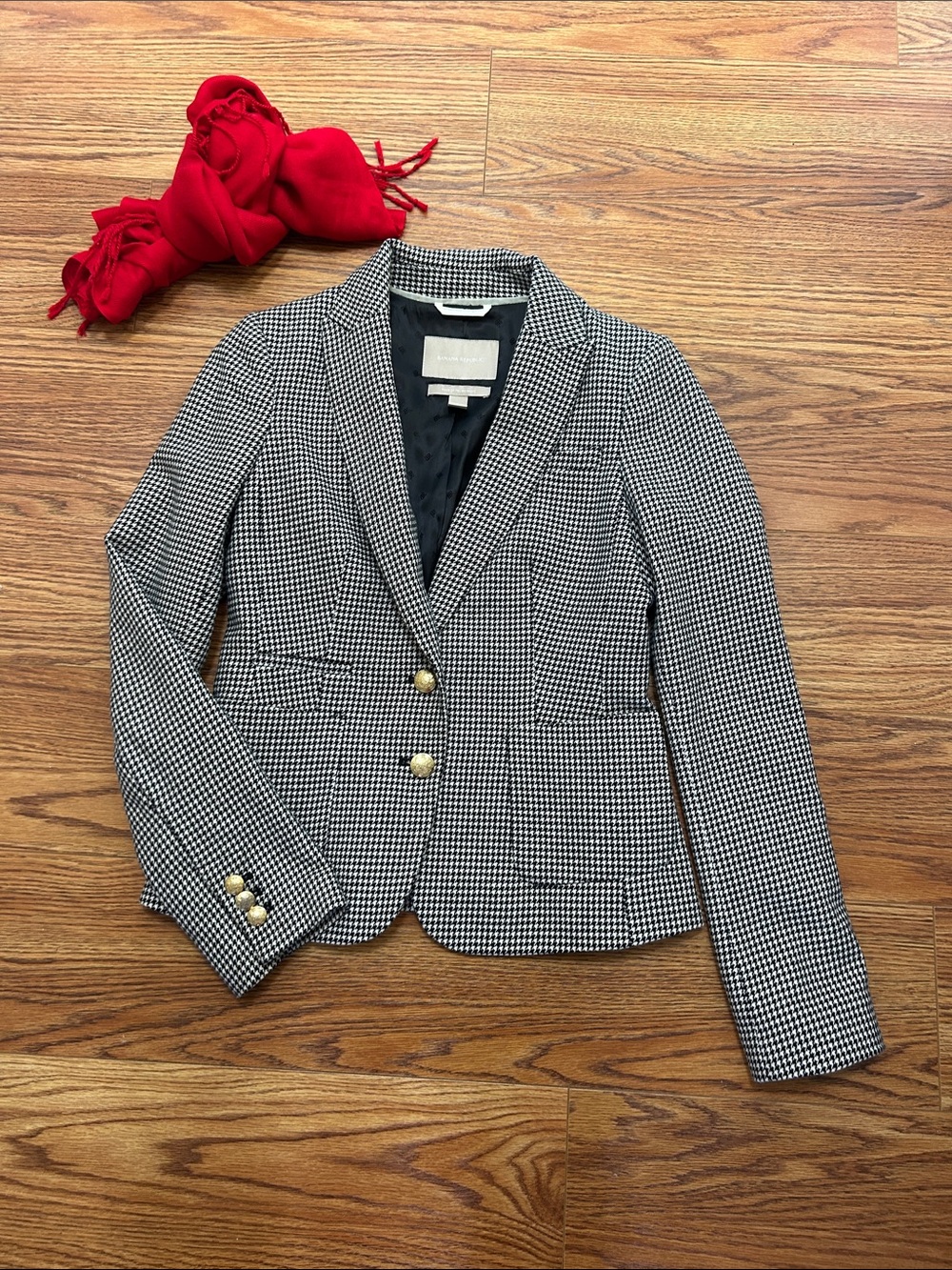 Banana Republic Black & White Houndstooth Blazer with Gold Buttons